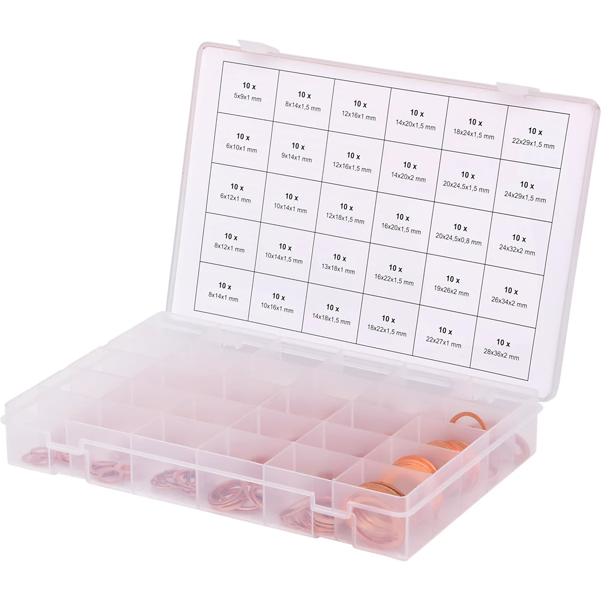 Transparente Kunststoffbox mit Kupferscheiben und Beschriftung: Größenangaben auf Deckel.